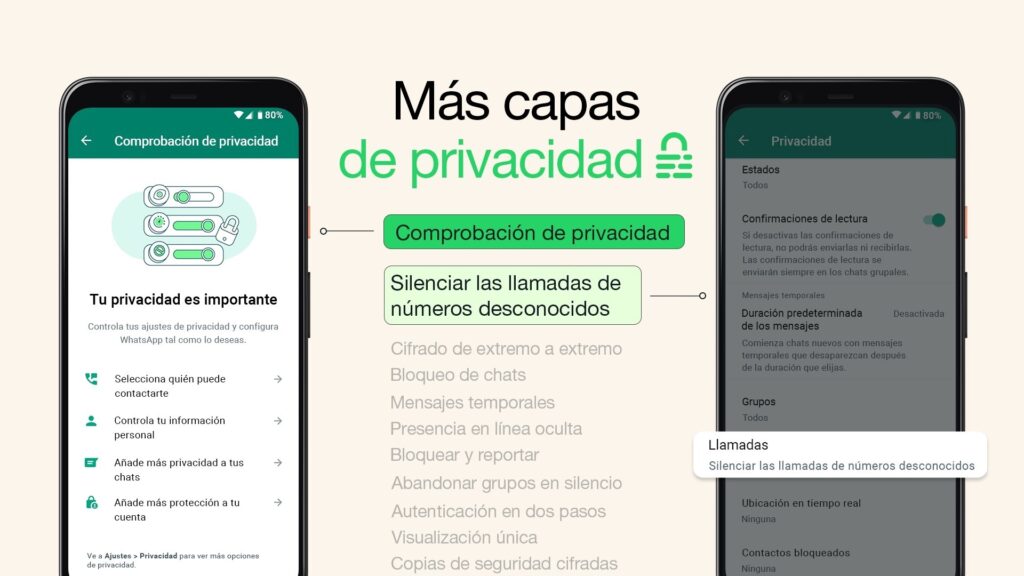 WhatsApp ya permite silenciar las llamadas de desconocidos y realizar una comprobación rápida de privacidad