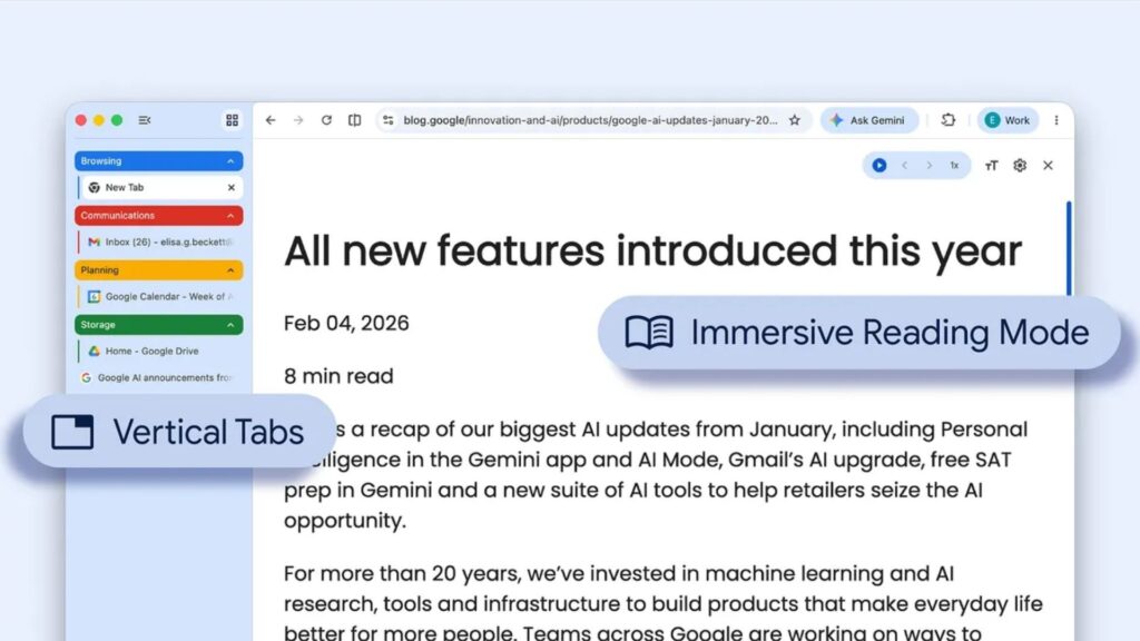 Google incorpora las pestañas verticales y un modo de lectura inmersiva en Chrome